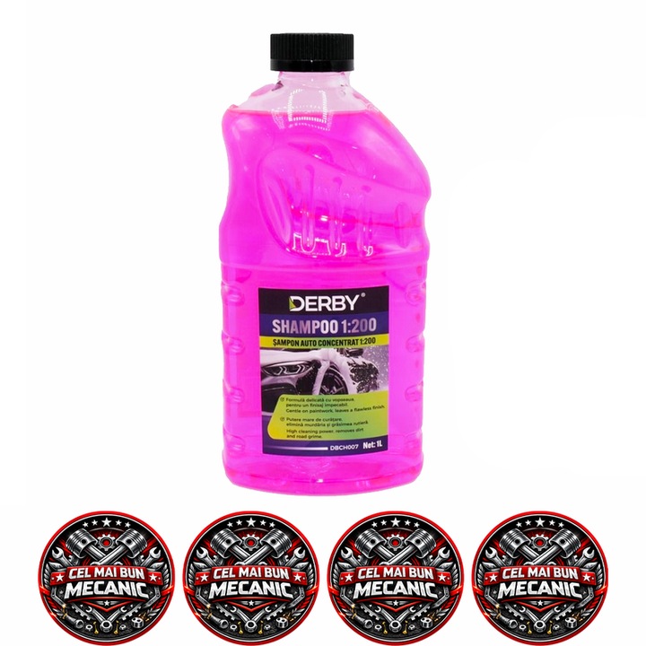 Sampon auto concentrat DERBY 1:200, putere mare de curatare, formula concentrata, protectie vopsea auto, spuma activa, 1L, Roz, 4x Stickere