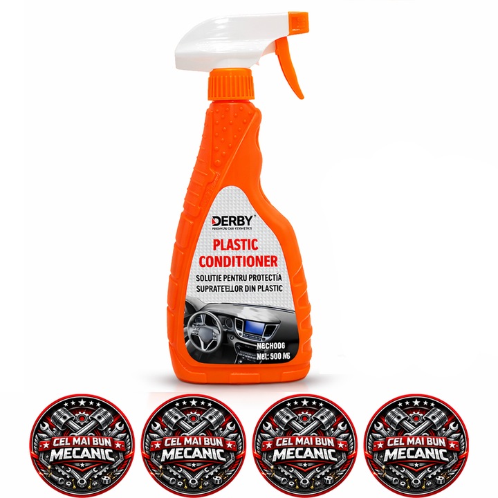 Solutie protectie suprafete plastic auto DERBY, conditioner bord, plastic, cauciuc si vinil, hidrateaza si reda luciul natural, 500 ml, 4x stickere