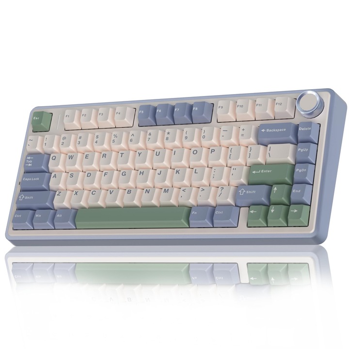 Tastatura mecanica wireless AULA F75 75%, tastatura cremoasa inlocuibila la cald, comutatoare Reaper pre-lubrifiate, tastaturi de gaming iluminate RGB, 2.4GHz/Type-C/BT5.0 (alb si verde)