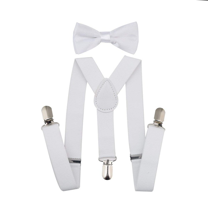 Bretele copii cu clips, set cu papion, alb, 17-26 inch