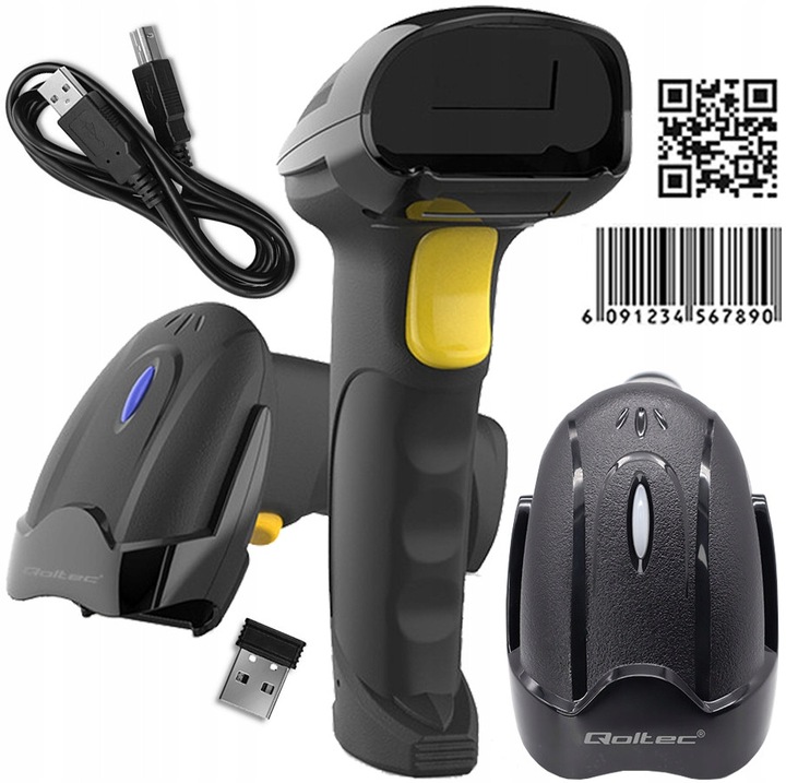 Cititor de coduri de bare Qoltec 1D 2D wireless 2.4GHz, negru, 100x62x170mm
