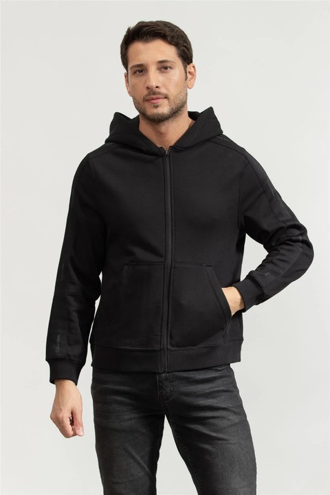 Bluza de trening, Calvin Klein, cu fermoar, negru, poliamida