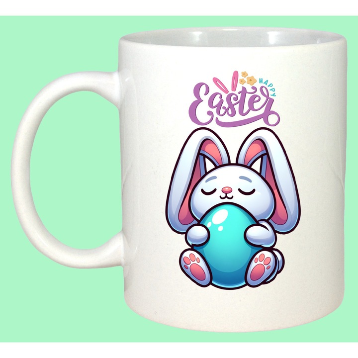 Cana Paste Iepuras Paste Ou Colorat Kawaii Happy Easter, Cadou, Sarbatori, Cri-Flo, Culoare Alb, 330 ml