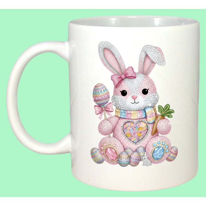 Cana Paste Iepuras Pastel Cu Oua Colorate Cute, Cadou, Sarbatori, Cri-Flo, Culoare Alb, 330 ml