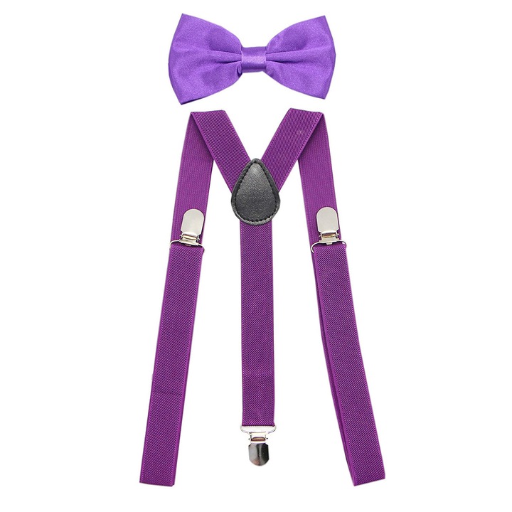 Bretele elastice SUNTRADE cu clipsuri si papion violet 75x2.5cm ajustabile