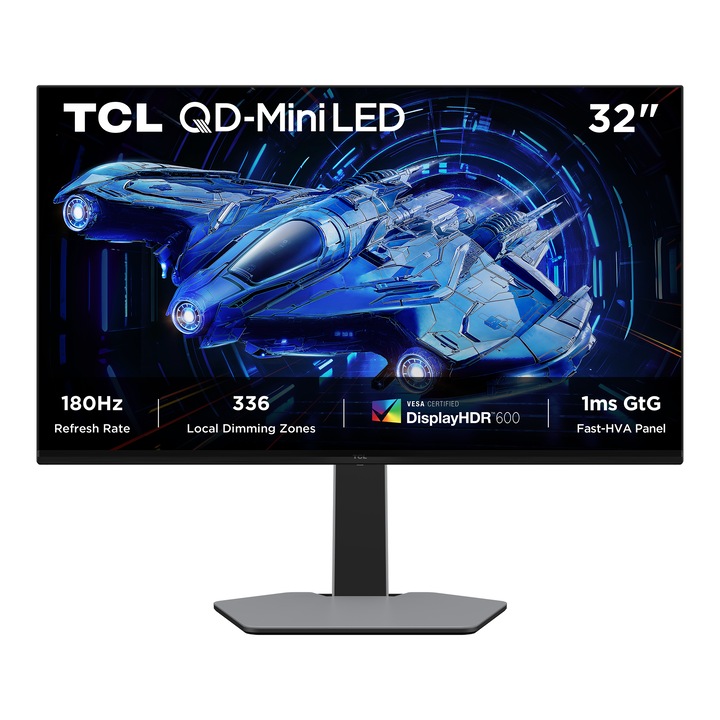 Monitor Gaming QD-Mini LED TCL 32G64, 32", QHD (2560x1440), Fast-HVA, 180Hz, 1ms GTG, HDR600, Freesync & G-SYNC Compatible, Flicker-Free, Low Blue Light, difuzoare 3Wx2, HDMI 2.1, DP 1.4, Pivot, Negru