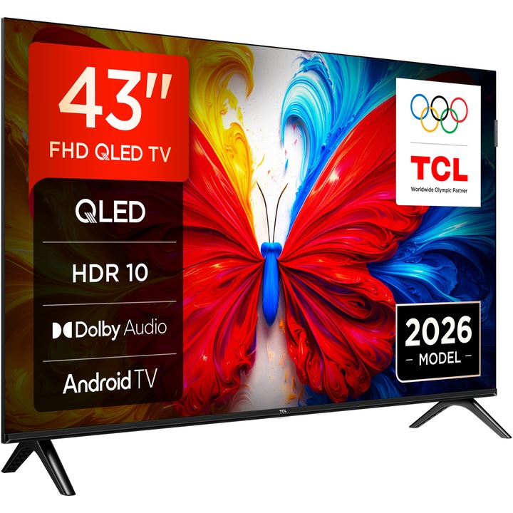 Televizor TCL QLED 43S5L, 108 cm, Smart Android TV, Full HD, Clasa F (Model 2026)