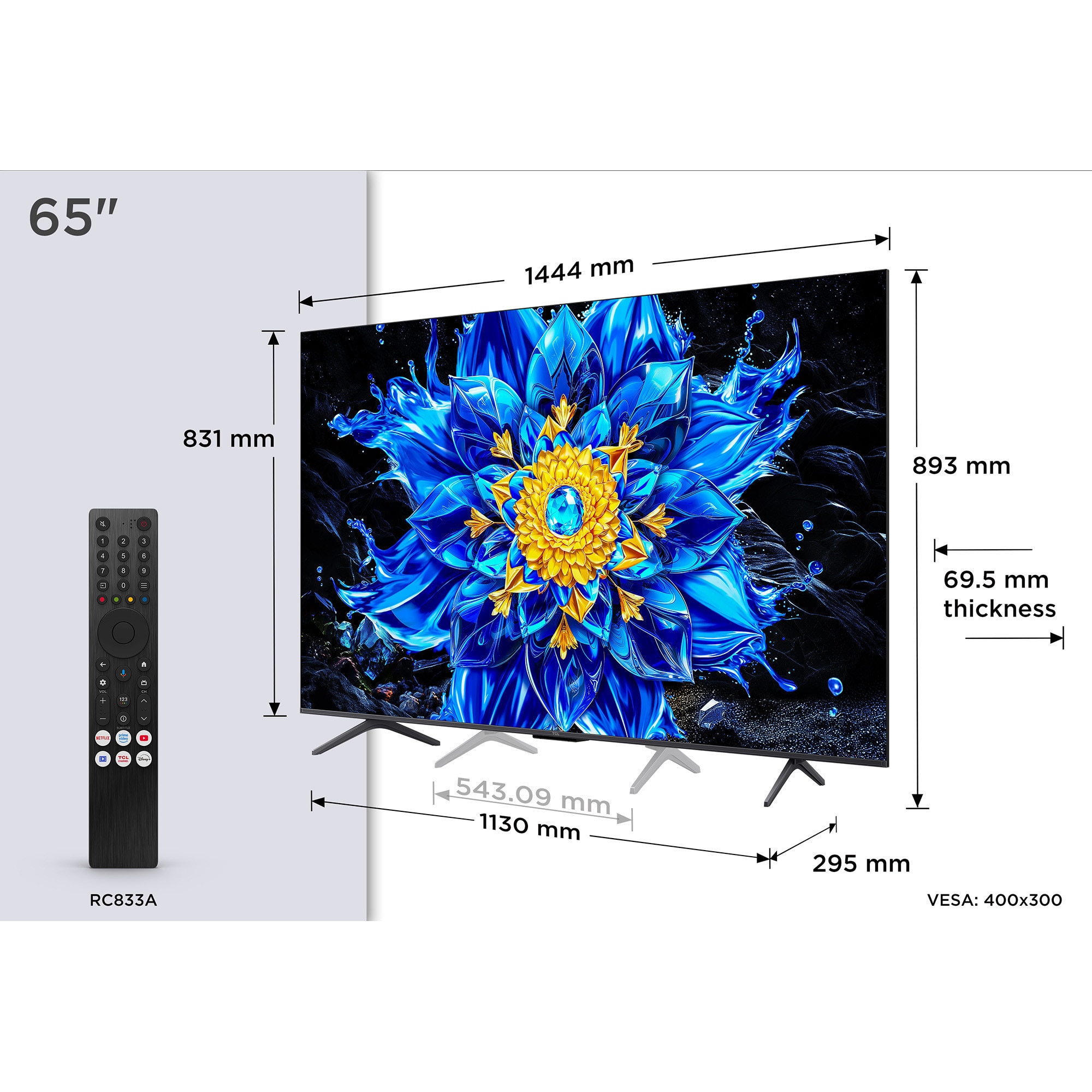 Televizor TCL QLED 65P8L, 164 cm, Smart Google TV, 4K Ultra HD, 144Hz, Clasa F (Model 2026)