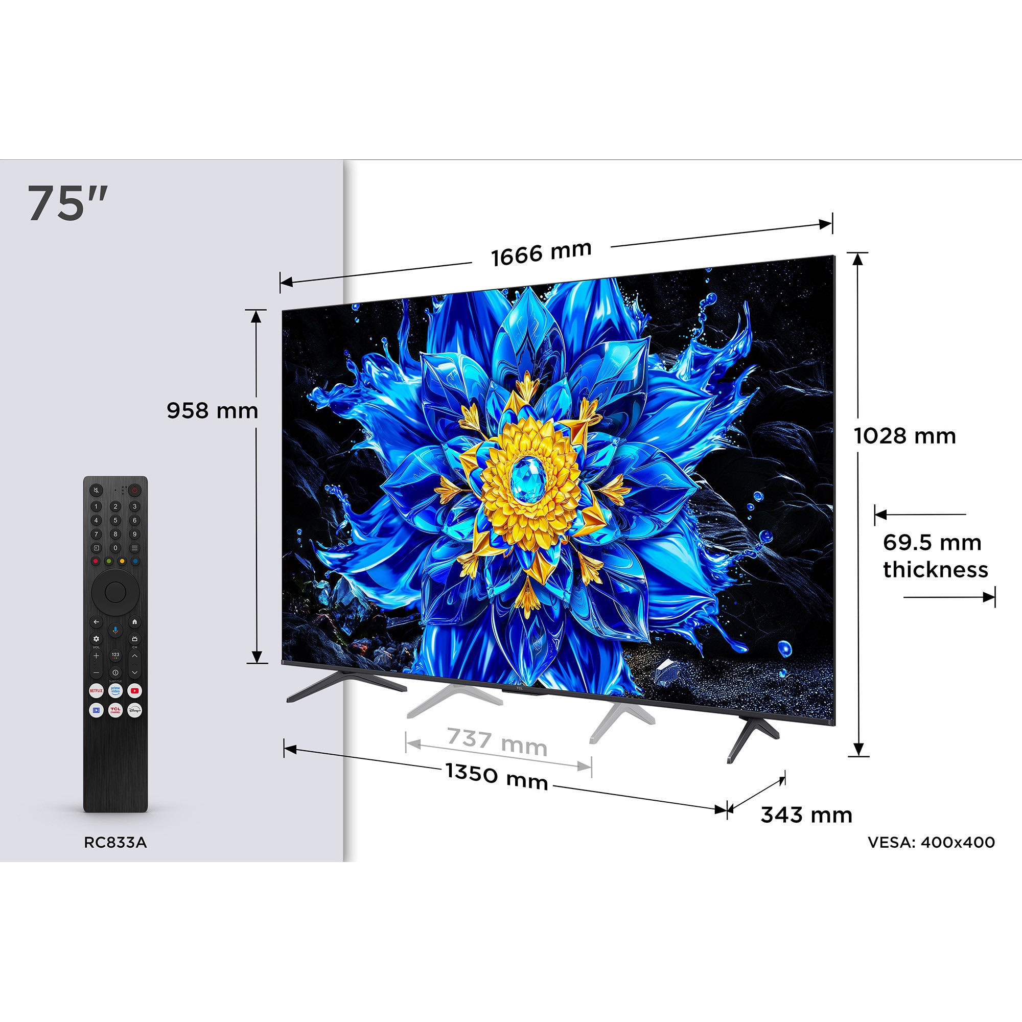 Televizor TCL QLED 75P8L, 189 cm, Smart Google TV, 4K Ultra HD, 144Hz, Clasa F (Model 2026)