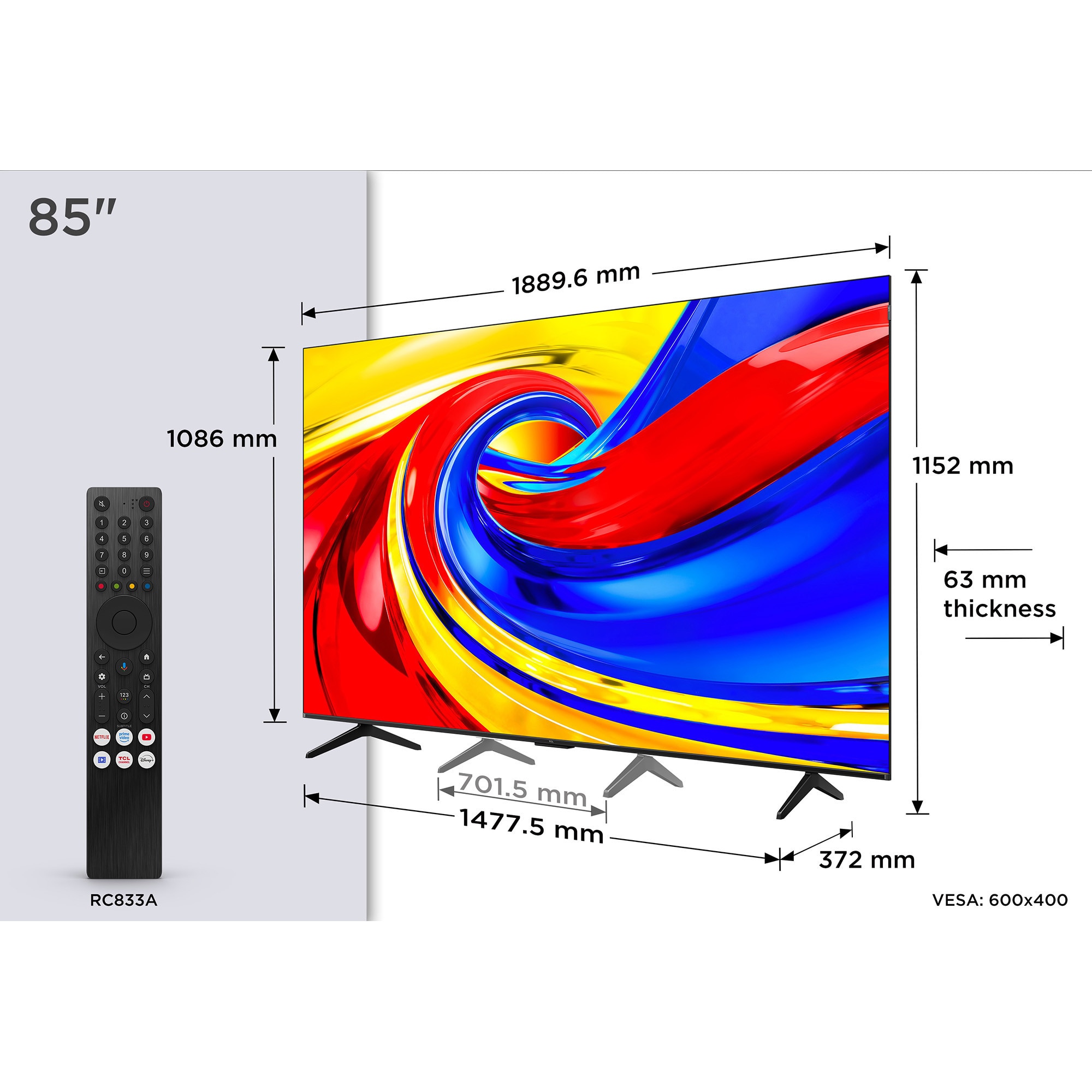 Televizor TCL QLED 85P7L, 214 cm, Smart Google TV, 4K Ultra HD, Clasa E (Model 2026)