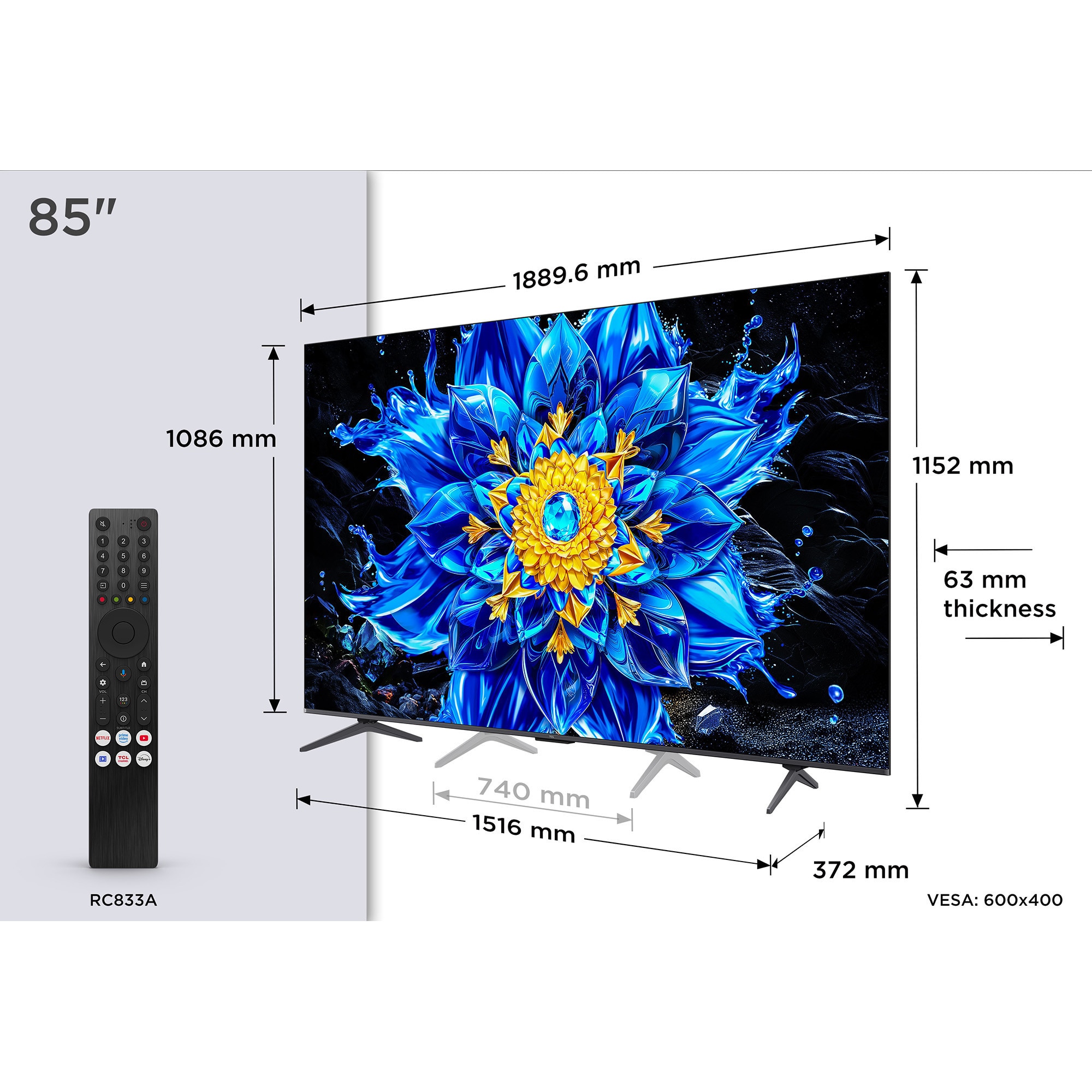 Televizor TCL QLED 85P8L, 214 cm, Smart Google TV, 4K Ultra HD, 144Hz, Clasa F (Model 2026)