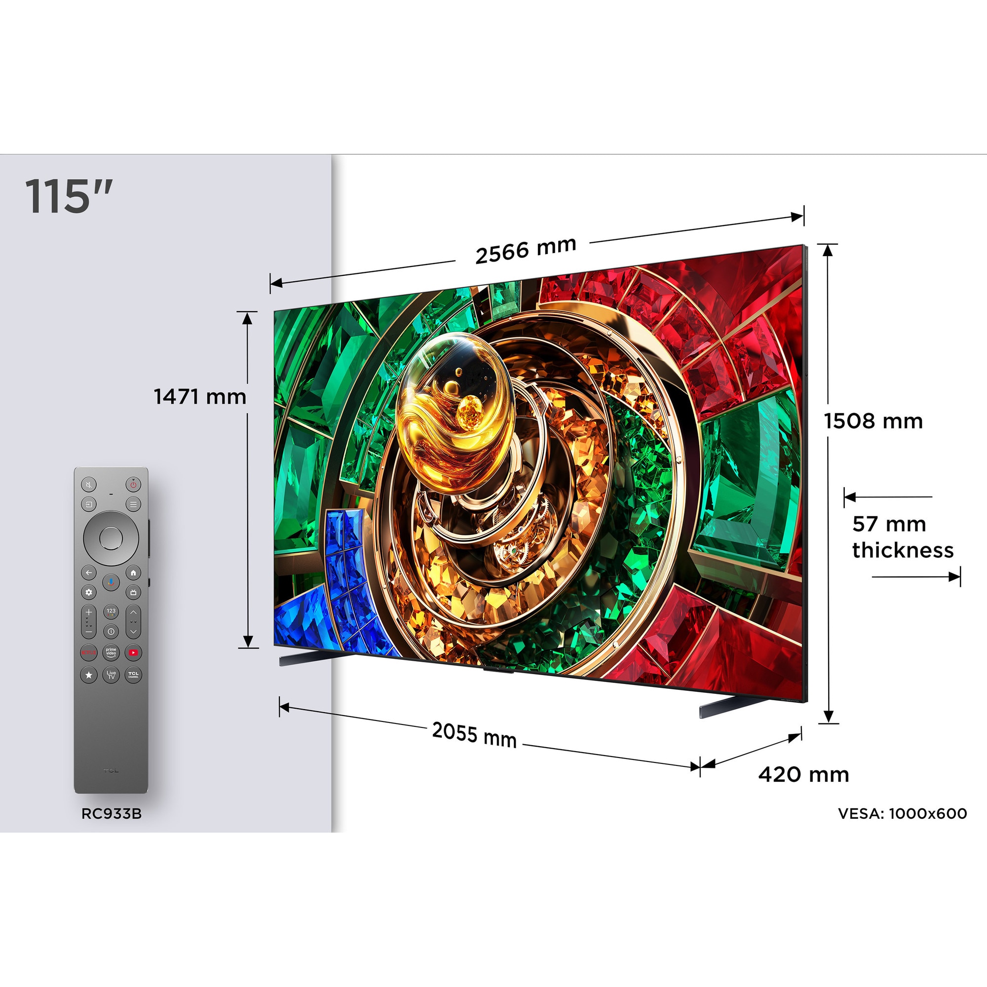 Televizor TCL RGB-MiniLed 115RM9L, 292 cm, Smart Google TV, 4K Ultra HD, 144Hz, Clasa D (Model 2026)
