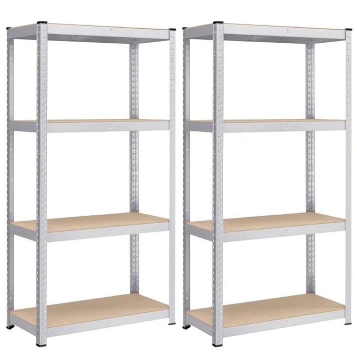 Set 2 rafturi metalice depozitare Songmics, latime 40 cm, ideale pentru garaj/magazie/depozit, 4 rafturi reglabile, posibilitate divizare in cate 2 structuri, material rafturi placa MDF, greutate maxima suportata/raft 130 kg, structura stabila, alb