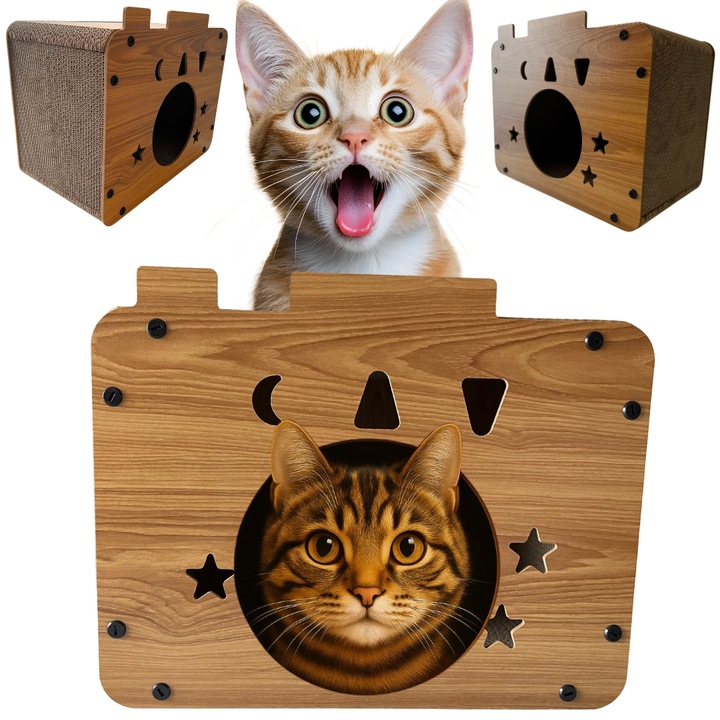 Ansamblu de zgariat pentru pisici cu casuta, din carton, pentru zgariat si odihna, model stelute