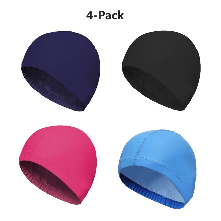 Úszósapka szett 4 darab, SUNTRADE, Nylon Spandex anyag, kék/fekete/rózsaszín/sötétkék, méret 21x14cm