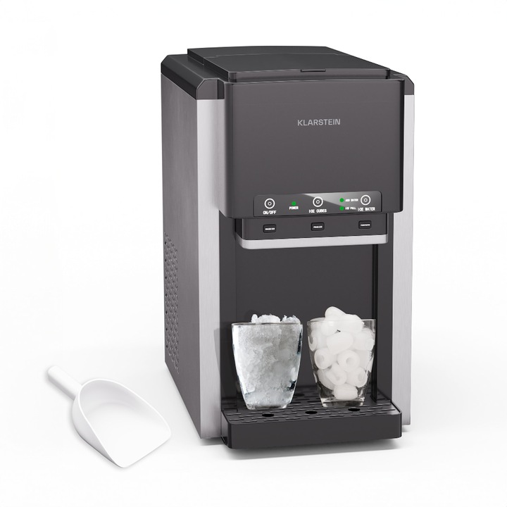 Aparat de gheață Klarstein ArcticBlend 3in1, capacitate 20 kg/24h, cuburi de gheață, gheață zdrobită, dispenser de apă, 27x48x43cm