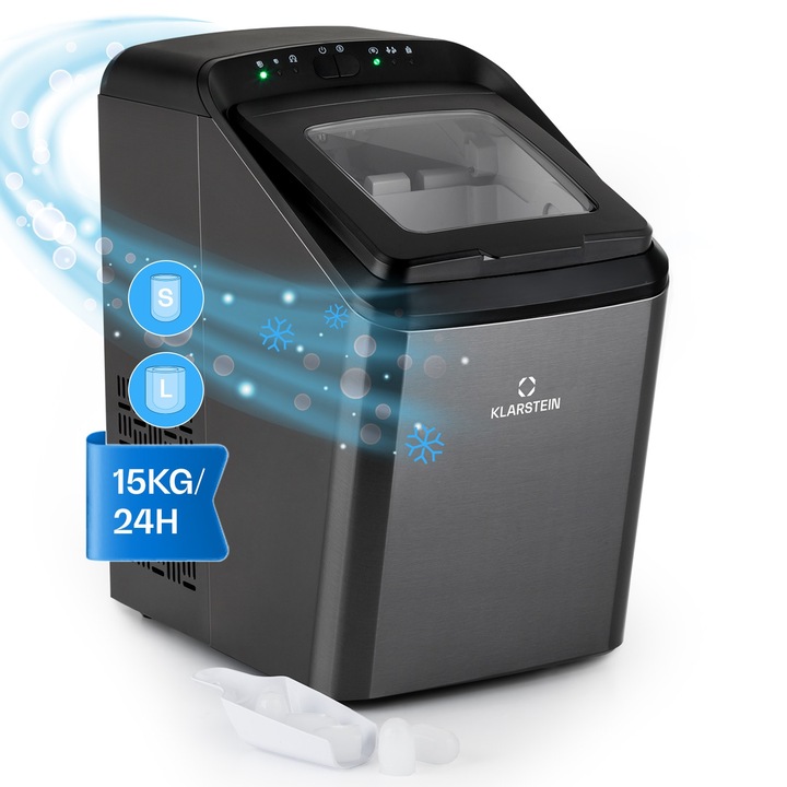 Aparat de gheață Klarstein Partytime, 15kg/24h, otel inoxidabil, dimensiuni 25x43x39cm