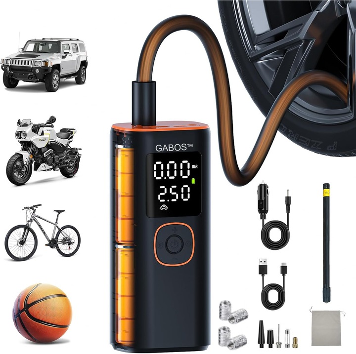 Compresor portabil auto smart cu afisaj digital, GABOS™, cu lampa camping, baterie reincarcabila 6000 mAh, usor de utilizat, adaptoare umflare minge, saltea, roata motocicleta, cablu USB, cablu bricheta, 4 capace valva, compresor portabil negru royal