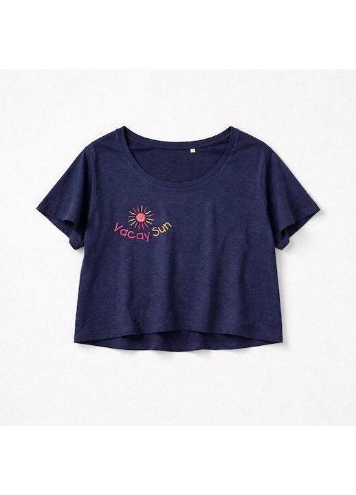 Tricou bleumarin din vascoza eco si bumbac cu broderie Soare Abstract si text VACAY SUN, marimea M-L INTL