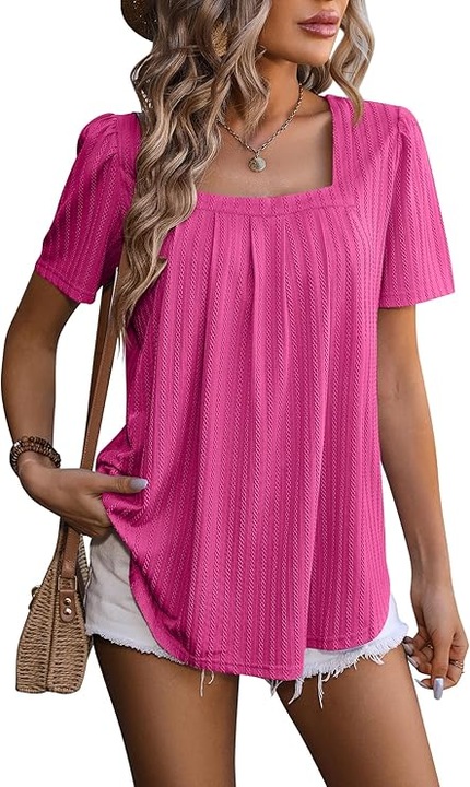 Tricou Dama Vara cu Maneci Scurte – Elegant cu Decolteu Patrat, Material Usor si Elastic, Stil Casual Chic pentru Birou, Vacanta si Tinute de Zi, Roz Inchis, Marimea 2XL