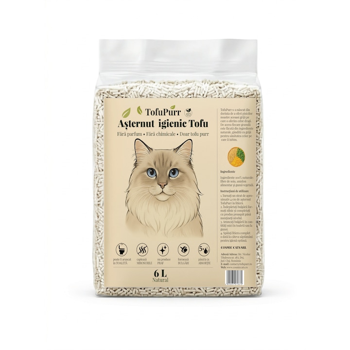 Asternut igienic pentru pisici TofuPurr, Tofu Natural, Fara Parfum, Fara Praf, 6L