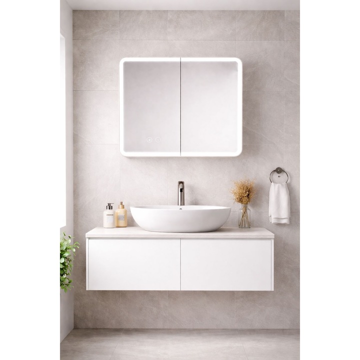 Dulap de baie cu oglinda LED, 60x68x13 cm, aluminiu, 3 tipuri de lumina, functie dezaburire, alb