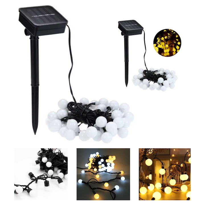 Ghirlanda luminoasa solara, OEM, 7 metri, 50 becuri, lumina calda, alimentata cu energie solara, pentru gradina, balcon, terasa, culoare: alb, material: plastic, clasica, temperatura de culoare: