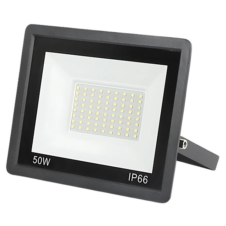 Proiector LED, 50 W, lumina rece 6000K, protectie IP66, rezistent la apa, 64 LED-uri, iluminare exterior, 4300 lm, 19.5 x 15 x 2.5 cm, Dactylion®