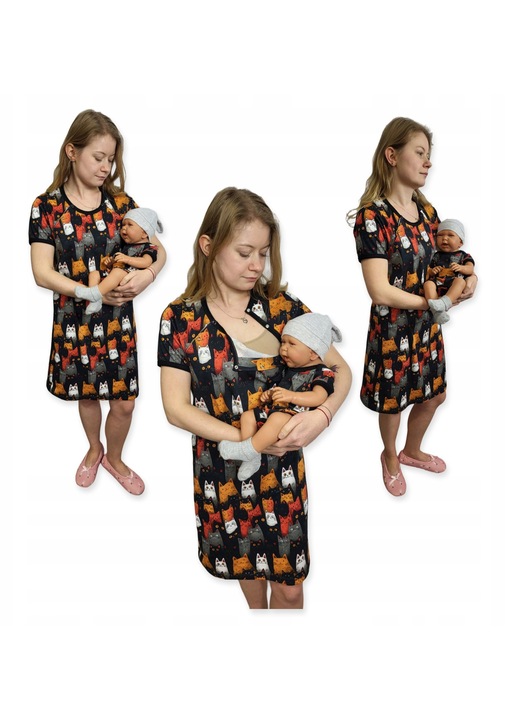 Pijama dama, Dartomik, camasa de noapte pentru alaptare cu maneca scurta + body bebe 62 cm, multicolor, bumbac 100%