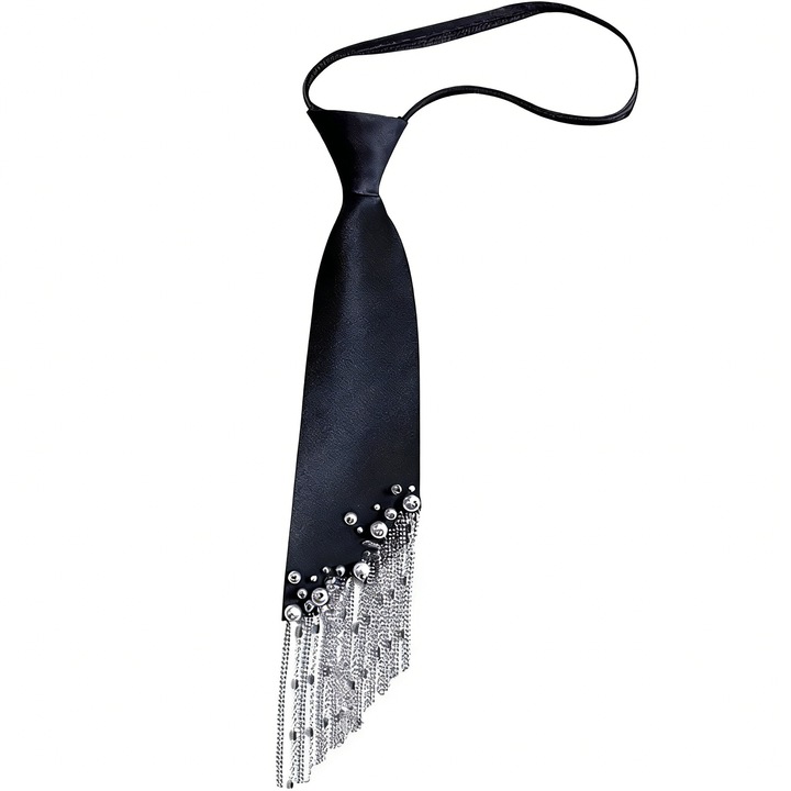 Cravata femei BOMSTOM neagra, perle si strasuri, 30x6cm