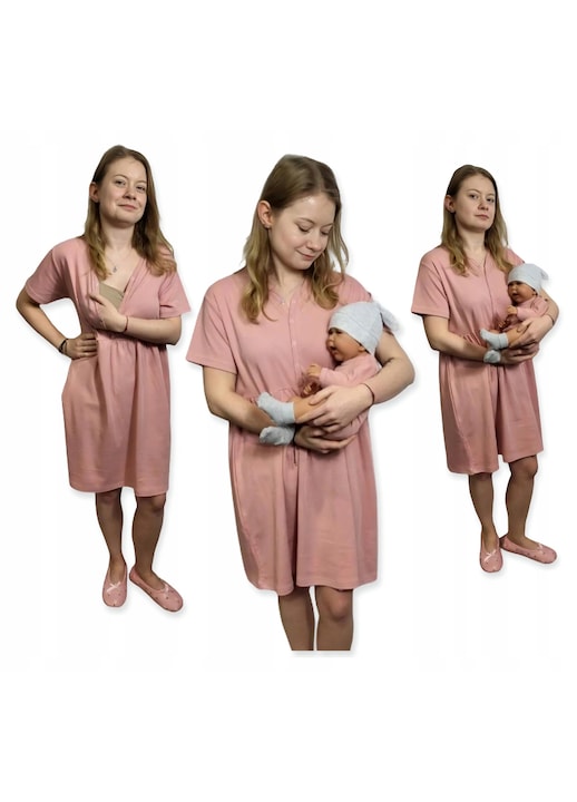 Pijamale dama, Dartomik, camasa de noapte alaptare, maneca scurta, roz, bumbac, set cu body, XS INTL