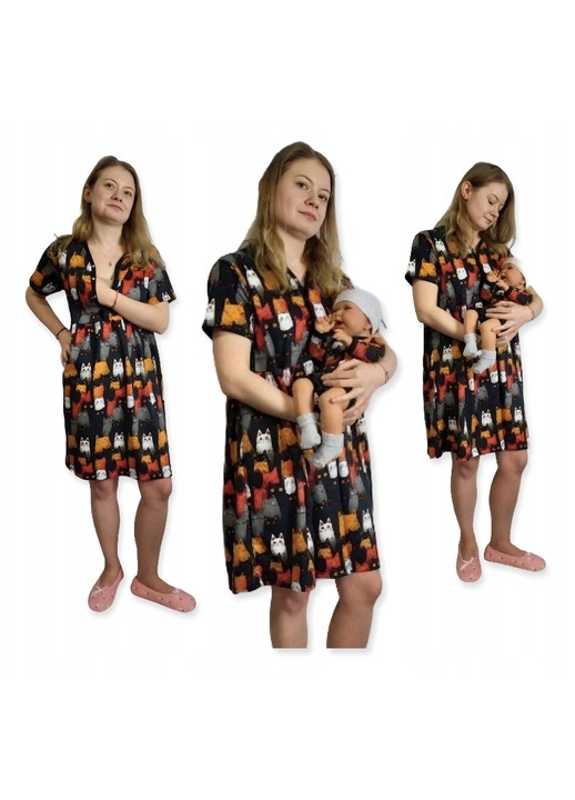 Set pijamale dama, Dartomik, camasa de noapte pentru alaptare cu maneca scurta, + body bebe, multicolor, bumbac 100%, XS INTL