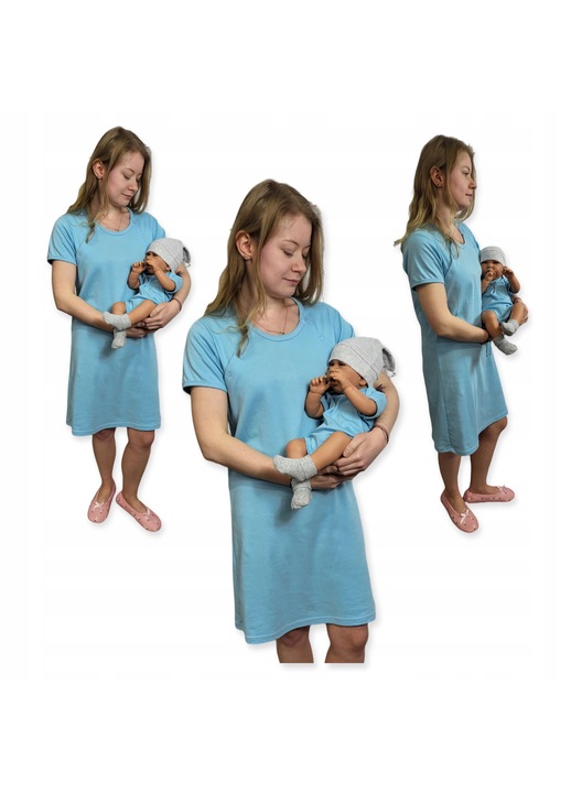 Pijamale dama, Dartomik, set camasa de noapte si body bebe, bumbac, albastru, XS INTL