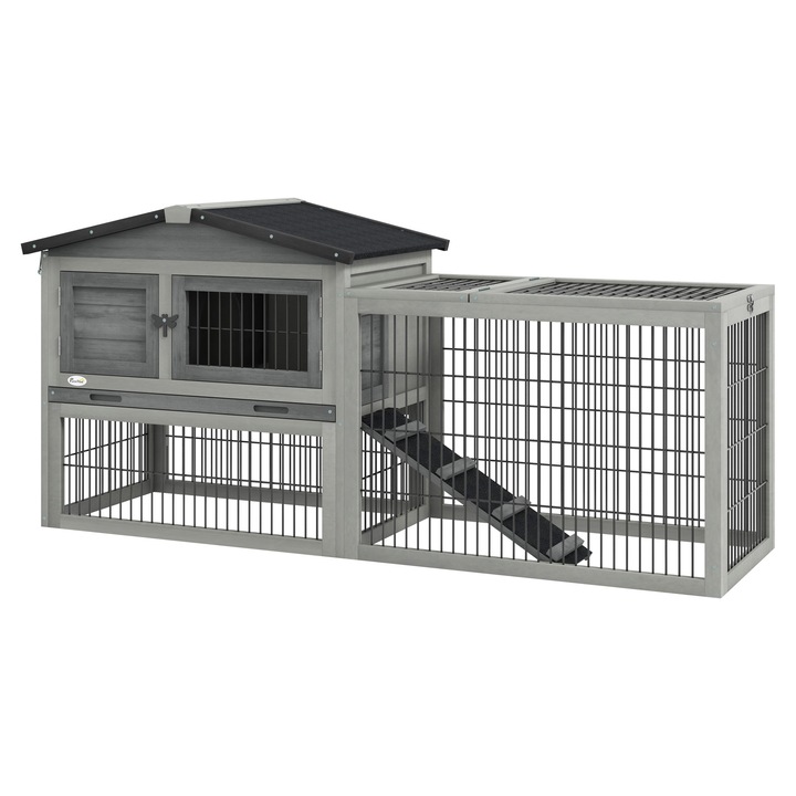 Cuib pentru Iepuri, PawHut, Lemn de Brad, 150 x 52 x 68 cm, Gri Deschis