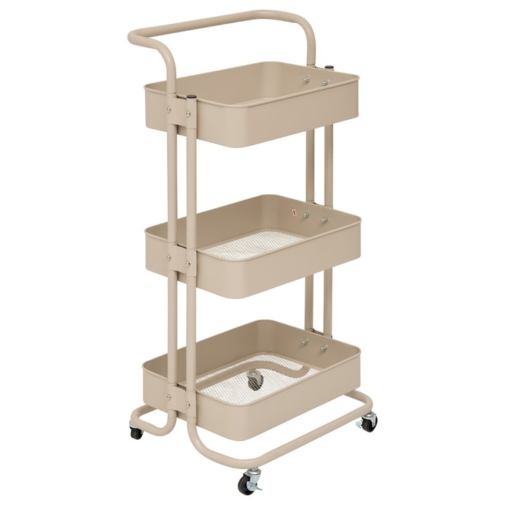 Carucior Mobil Metalic, 5five Simply Smart, Trolley, 3 Rafturi Inpatoare Pentru Organizare, Roti Pivotante Cu Sistem De Blocare, Structura Metalica Stabila Si Durabila, Ideal Pentru Bucatarie Baie Sau Birou, Design Modern Si Practic, Bej