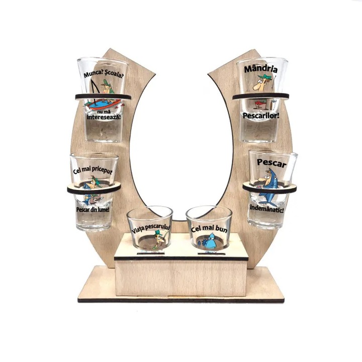 Set pahare shot cu suport din lemn în formă de potcoavă, Gift Shop, 6 pahare ilistrate, multicolor, 22x22x7cm