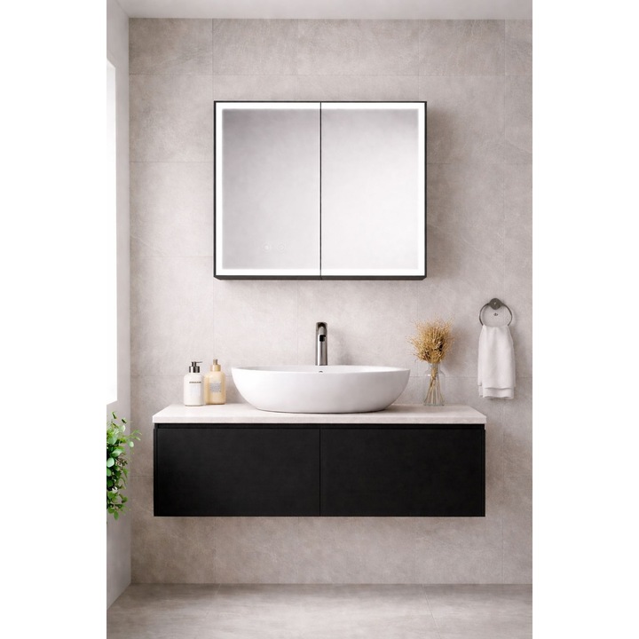 Dulap de baie cu oglinda LED, 70x68x13 cm, aluminiu, 3 tipuri de lumina, functie dezaburire, negru