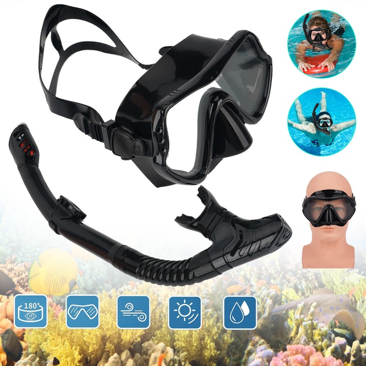 Set Snorkel Pentru Adulti Cu Masca De Snorkeling Anti-Aburire Cu Vedere Panoramica La 180° Si Snorkel Uscat, Set De Scufundari Reglabil Pentru Inot, Echipament Profesional De Snorkeling Pentru Adulti