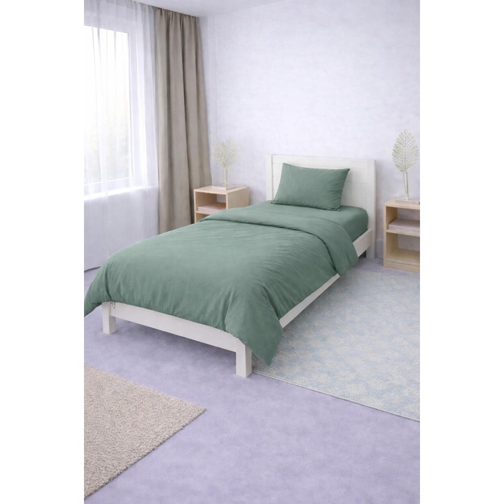 Ágynemű PREMIUM–100% Ranforce Pamut, Sötétzöld, "Cute&Sisters", Kézzel Készült Romániában