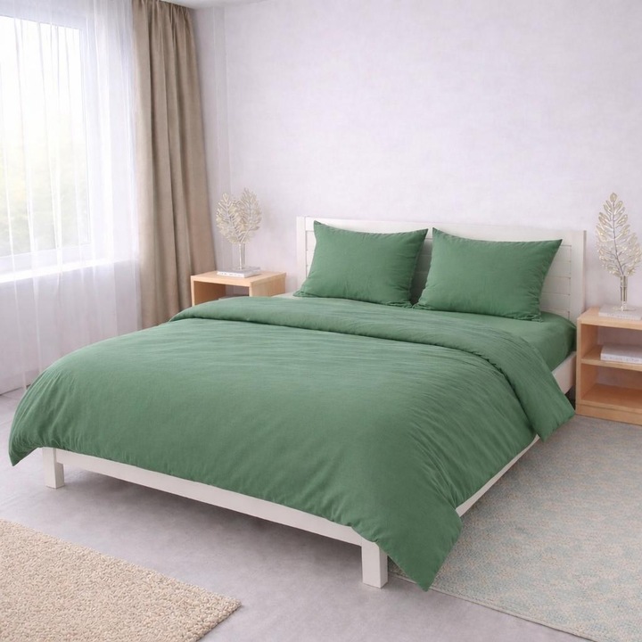 Lenjerie de Pat PREMIUM -100% Bumbac Ranforce, Verde Inchis-"Cute&Sisters", Confectionata Manual in Romania