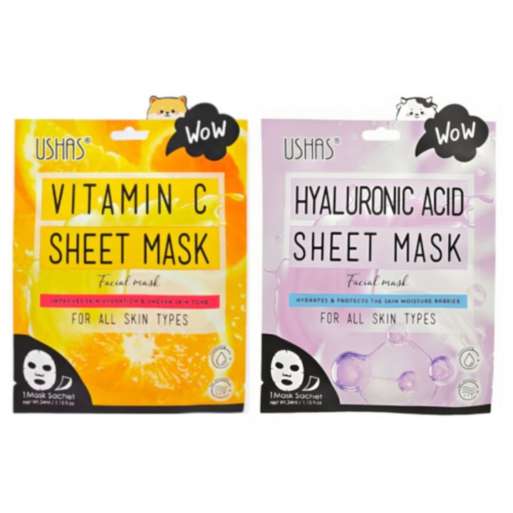 Set 2 Masti Faciale pentru o rutina de skincare completa, Ushas – 1 x Vitamina C pentru Luminozitate & 1 x Acid Hialuronic pentru Hidratare si Ten Catifelat, 34ml x 2
