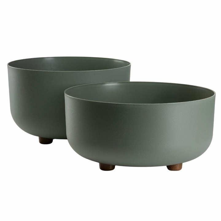 Set 2 Boluri Flori Pe Picioare, HowHomely, TERRA, Material 100% Reciclat, Forma Rotunda Moderna, Design Elegant Si Elevat, Ideal Pentru Compozitii Florale, Interior Si Terasa, Dimensiuni 29.7/27 cm, Verde