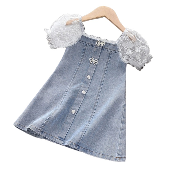 JALWO, Rochie de denim pentru fetite cu manele puff din dantela, albastru