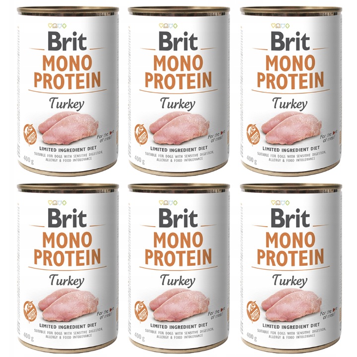 Hrana pentru caini, Brit, monoproteina, curcan, 6 x 400g, monoproteina, hipoalergenic, fara gluten, fara OMG, fara aditivi artificiali, 74% curcan, 9% proteina bruta, 7% grasime bruta, 78% umiditate, set de 6 conserve