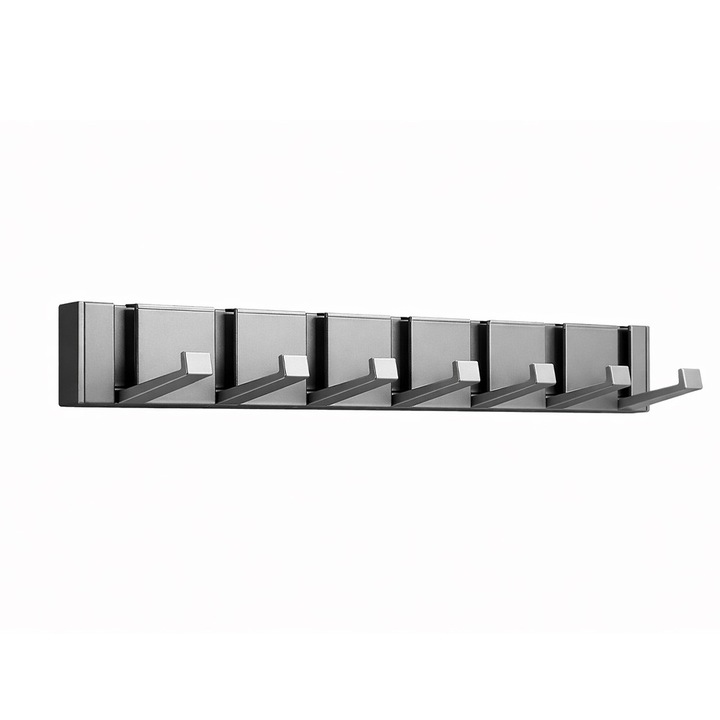 Cuier perete pliabil cu 7 agatatori, MENZ®, model FlexHook Pro 7, aliaj aluminiu, cuier haine retractabil, organizator haine, montaj adeziv, design modern, gri antracit, 49 cm