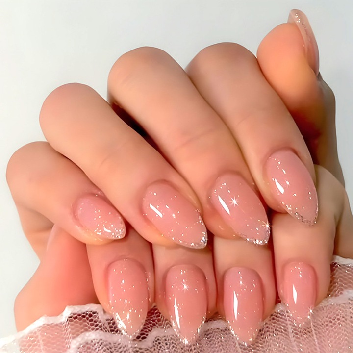 Set unghii false press-on, nude amandela cu sclipici aurit, forma eleganta, reutilizabile, 24 buc, cu adeziv inclus