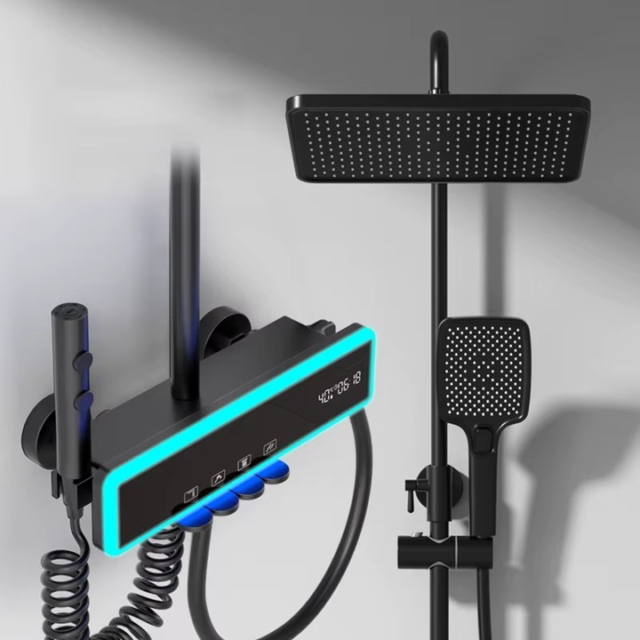 Set de dus Full Light, 4 functii de spalare, Negru mat, Banda LED, displey LED, MTZ1