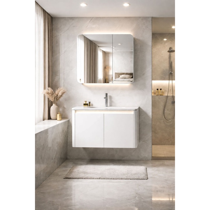 Set mobilier baie, lavoar ceramica 70x47x40cm si dulap cu oglinda LED si dezaburire 65x68x11cm, aluminiu, alb