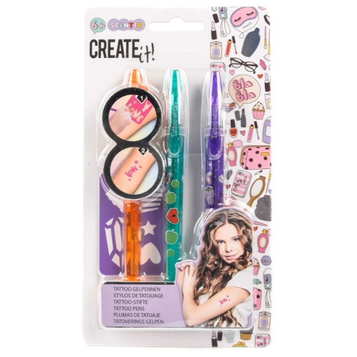 Set 3 pixuri cu gel parfumate pentru tatuaje temporare, Create It!, Pentru copii, Model 2