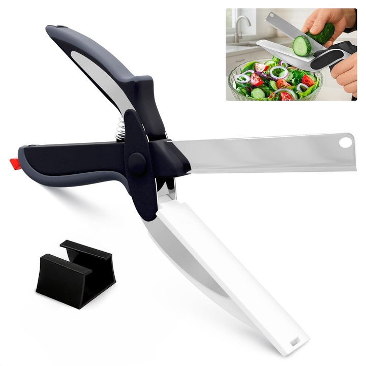 Foarfeca Bucatarie 2 in 1 cu Tocator Integrat, Lama din Otel Inoxidabil, Sistem de Blocare Siguranta, 24 cm (9.5”), pentru Taiere Legume, Fructe, Carne si Branza – Cutter Multifunctional Usor de Utilizat